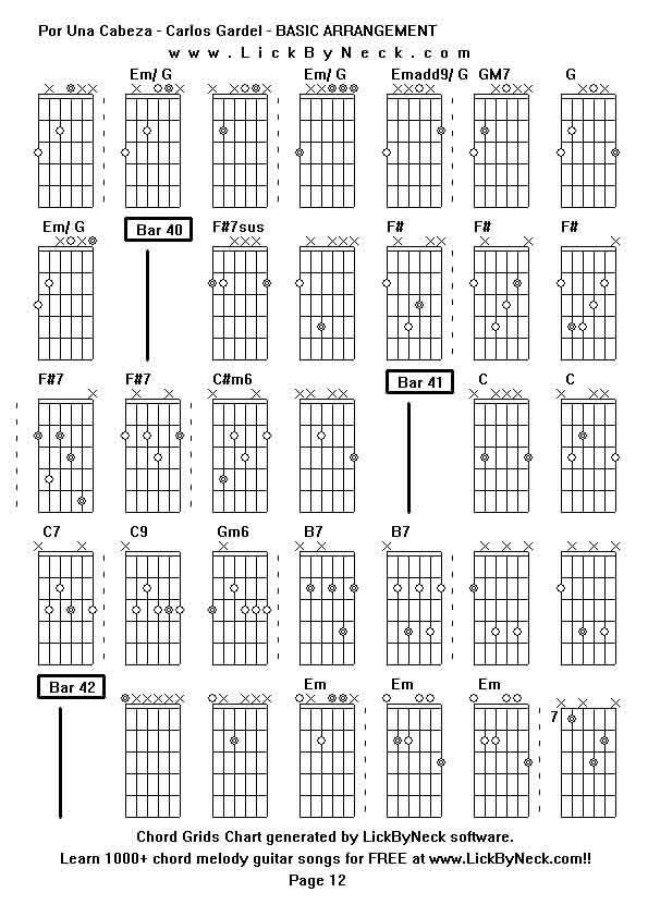 Chord Grids Chart of chord melody fingerstyle guitar song-Por Una Cabeza - Carlos Gardel - BASIC ARRANGEMENT,generated by LickByNeck software.